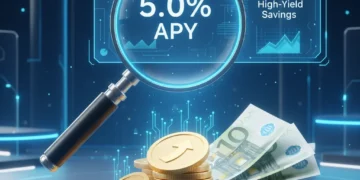 Magnifying glass examining high-yield savings accounts with 5.0% APY