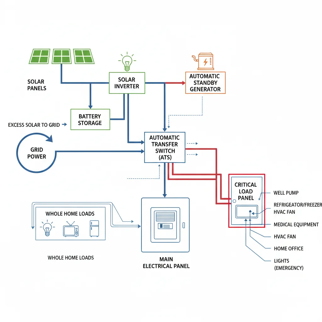 Diagram of home backup power system with solar and battery