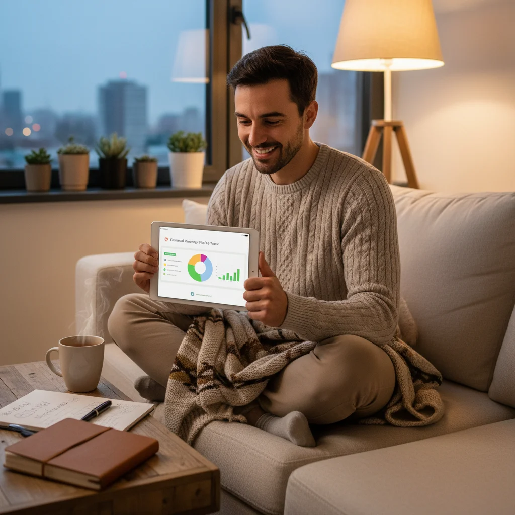 Individual confidently managing personal budget on a tablet at home