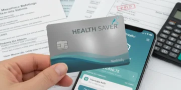 Hand holding credit card over phone with healthcare app, financial documents