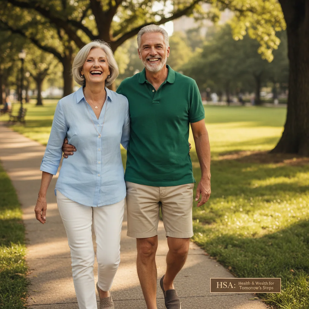 Smiling mature couple walking in park, representing healthy retirement