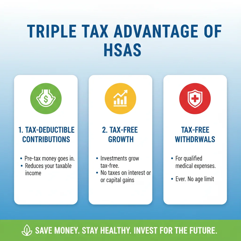 Infographic showing triple tax advantage of HSA