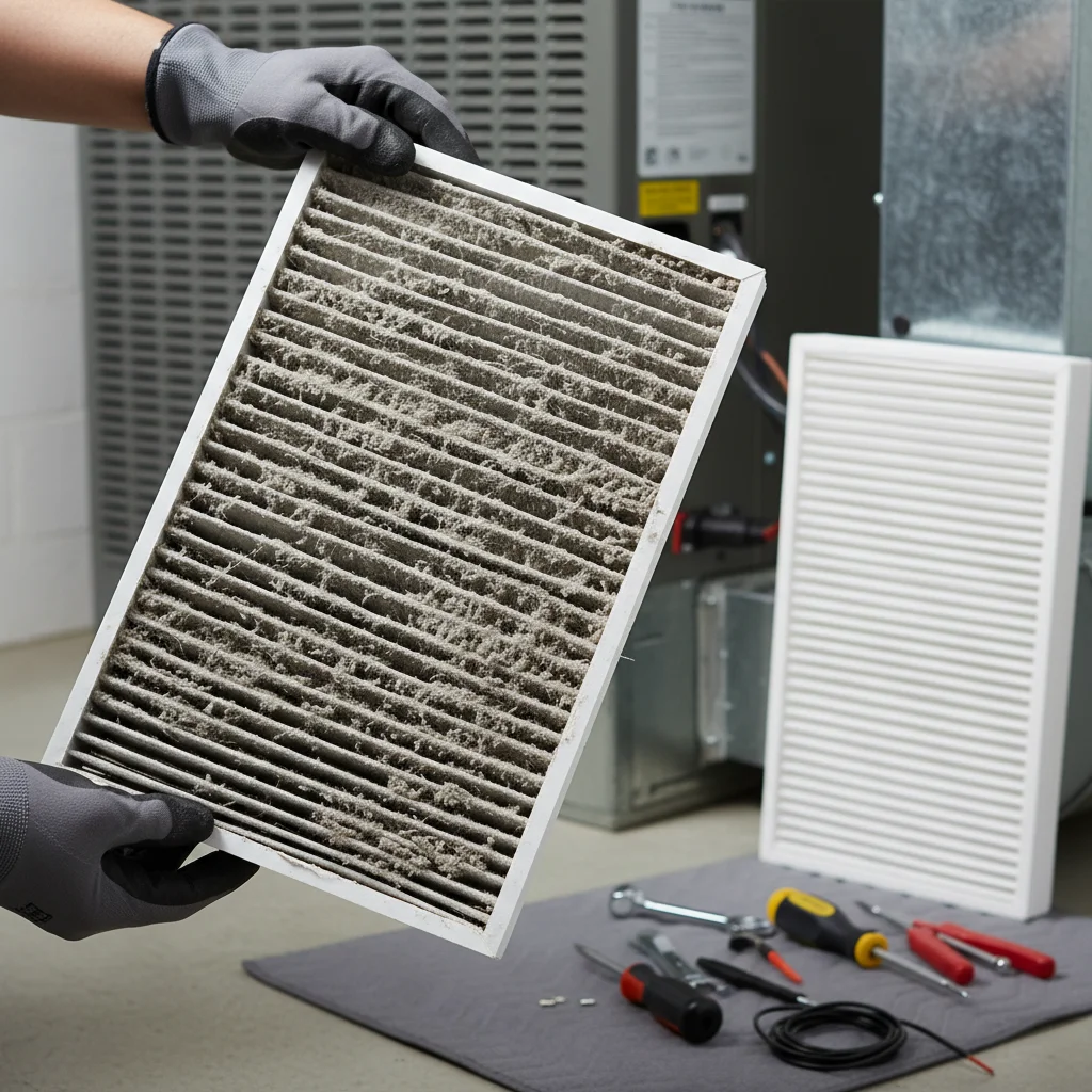 HVAC technician replacing a dirty air filter during routine maintenance.