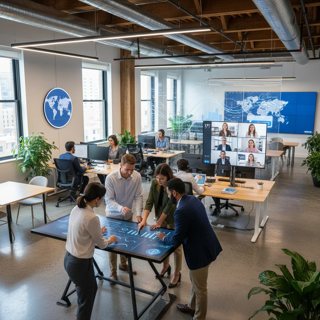 Professionals collaborating in a hybrid work environment, reflecting modern employment