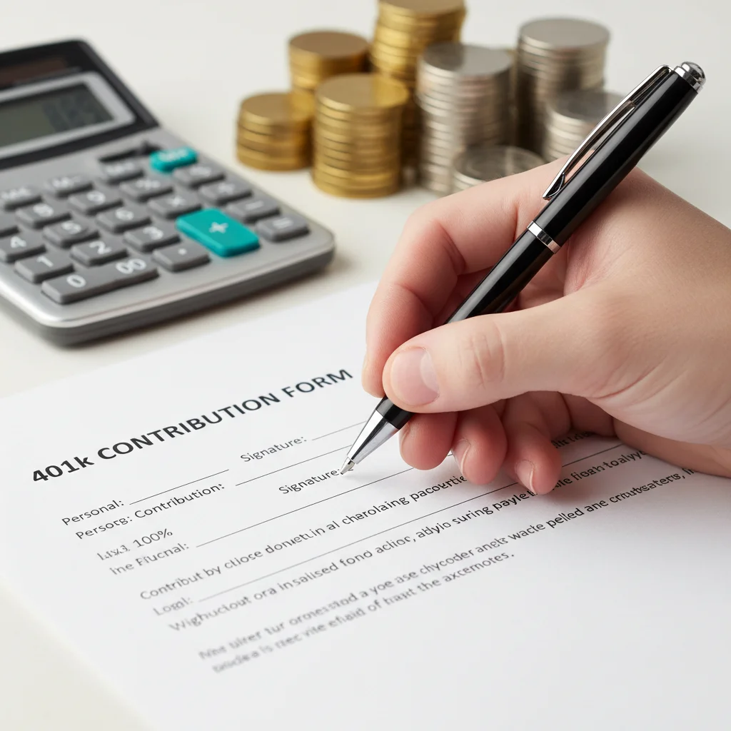 Hand signing 401(k) contribution form, illustrating increased savings.