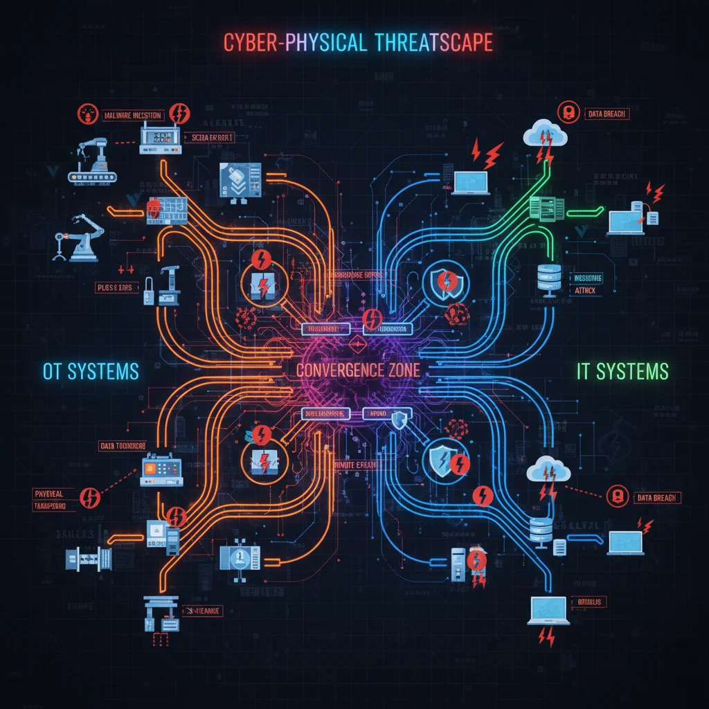 Complex network diagram showing IT and OT convergence with cyber threats.