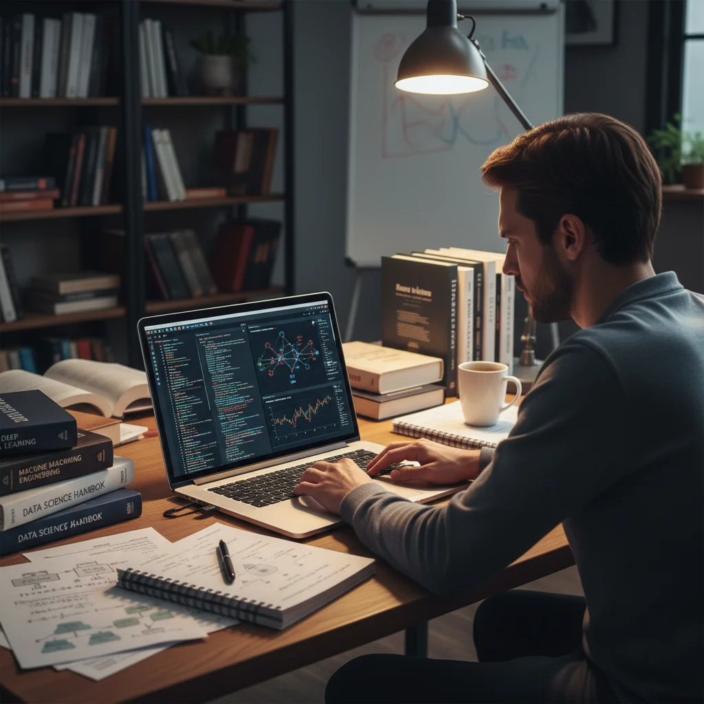 Individual learning advanced data science and AI skills on a laptop.