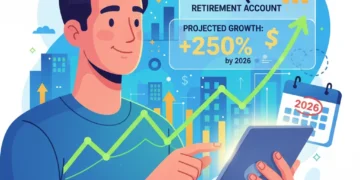 Person reviewing 401(k) statement with rising graph, symbolizing retirement savings growth in 2026.