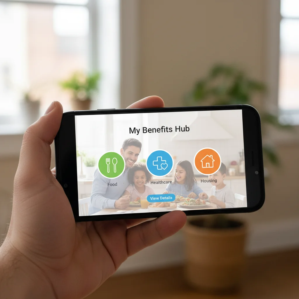 Smartphone displaying a social services benefits management app, illustrating modern access to aid.