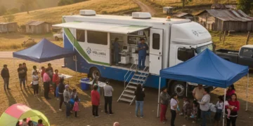 Mobile health clinic providing essential care to diverse community members in a rural area.