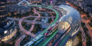 Modern city public transportation network at dusk with electric bus, train, and bike paths.