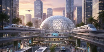 Modern public transportation hub with trains, buses, and smart technology in a US city.