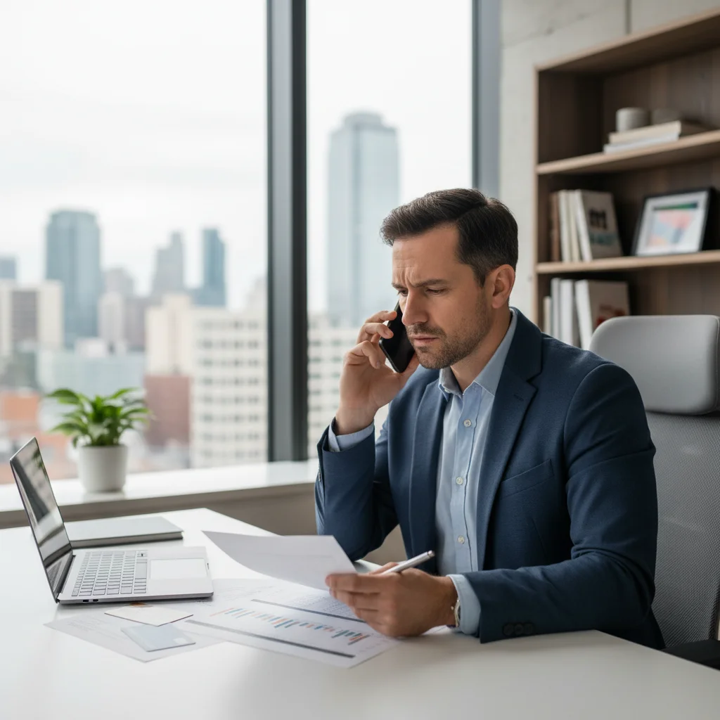 Person negotiating with a credit card company over the phone to reduce interest rates.