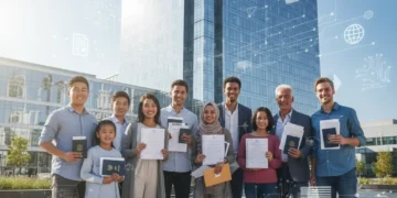 New arrivals happily navigating the US Social Security Number application process in 2026.