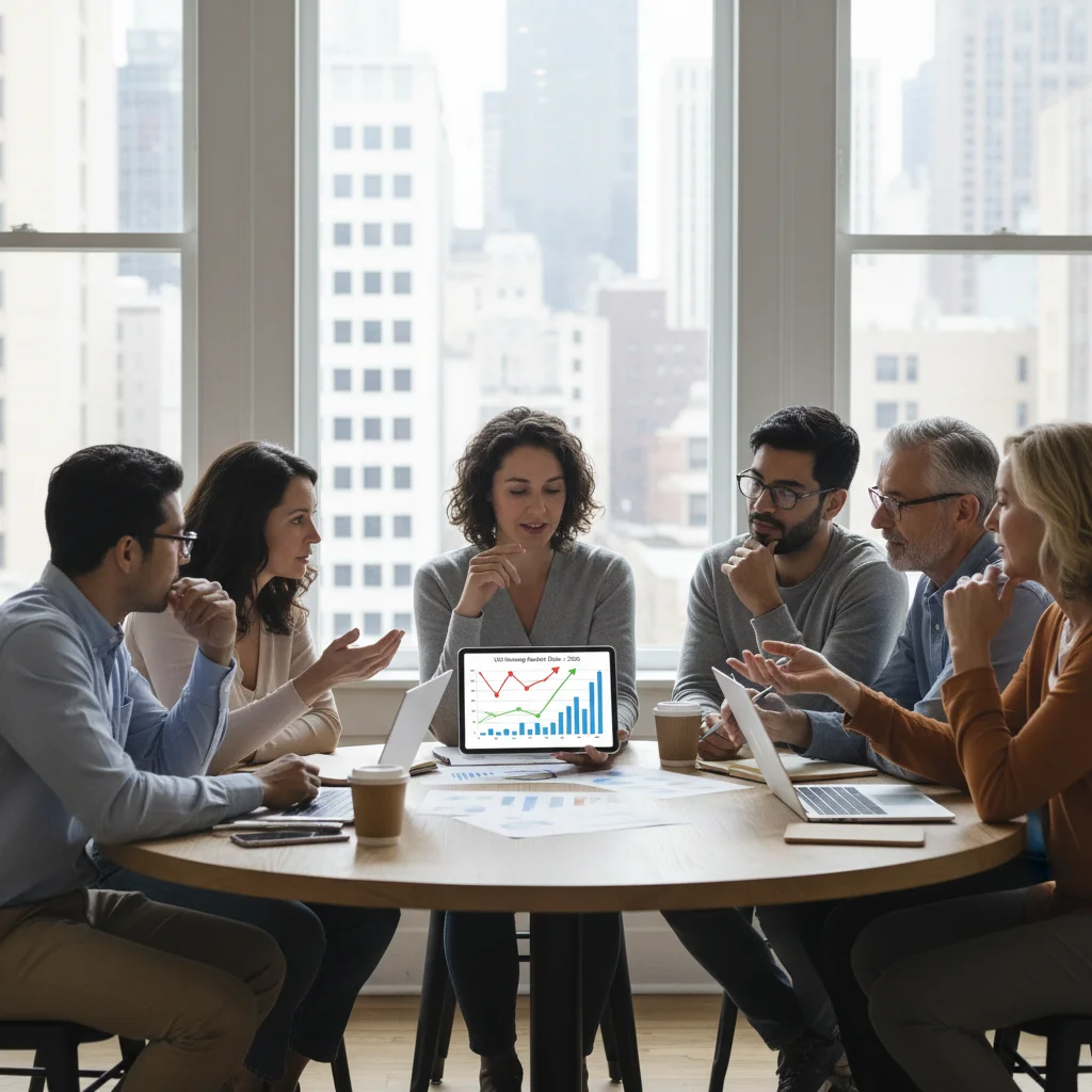 New residents analyzing housing market data and trends on a tablet, discussing strategies for 2026 US housing.