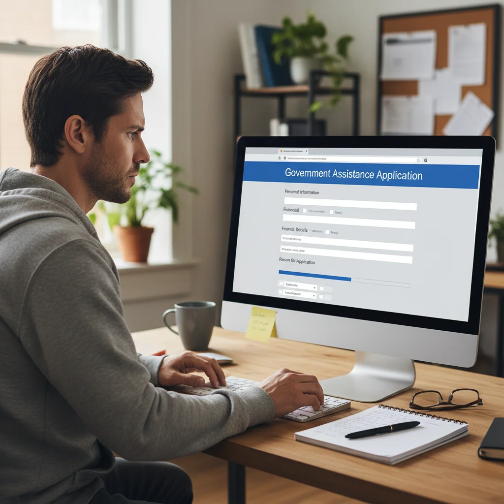 Individual completing an online application for social services, demonstrating the digital application process.