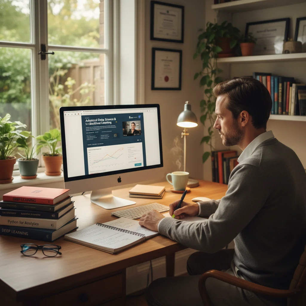 Professional engaged in online learning and skill development at home