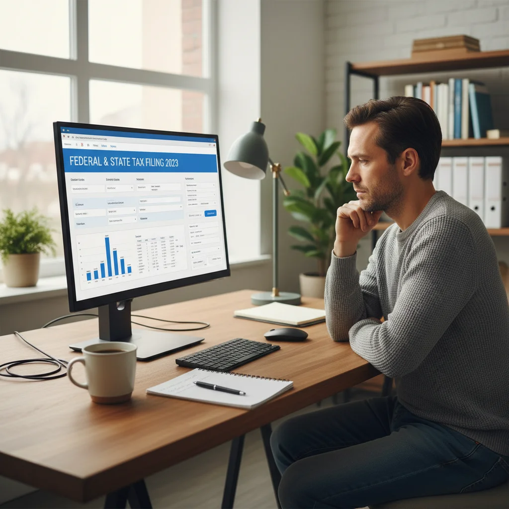 Individual navigating online tax filing portal for US taxes 2026.