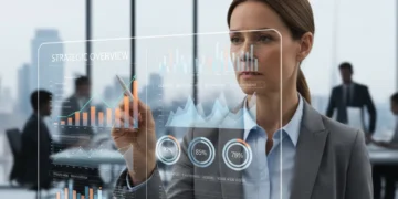 Professional analyzing performance metrics on a digital dashboard.