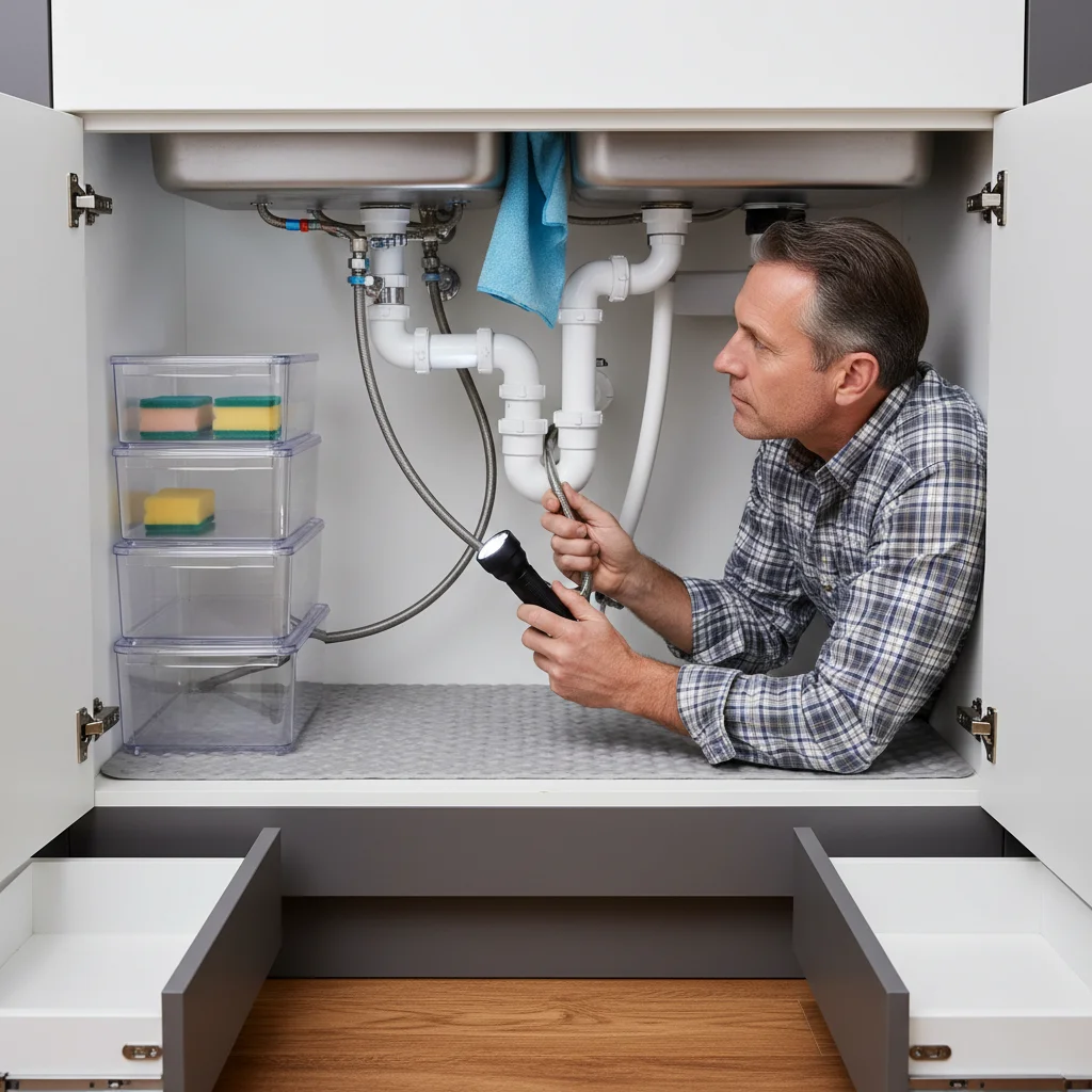 Homeowner inspecting plumbing pipes under a kitchen sink for potential leaks.