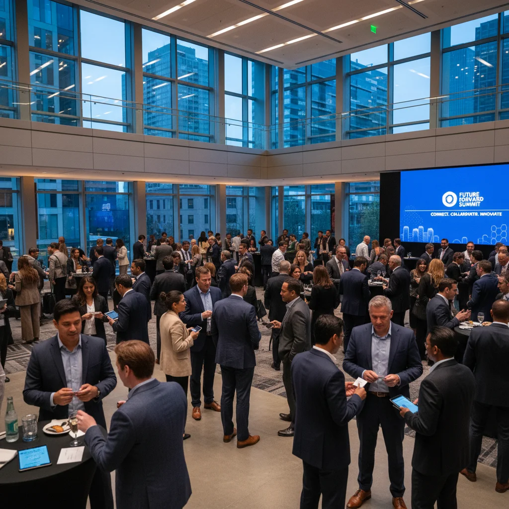 Professionals networking at an event, exchanging business cards and engaging in conversations, emphasizing the importance of professional connections.