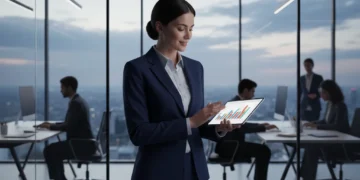 Professional woman confidently presenting, aiming for a 10% raise