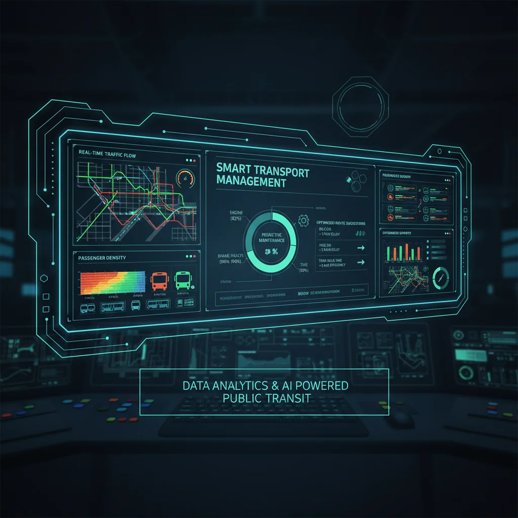Public transportation control center with data analytics and AI dashboards for real-time management.