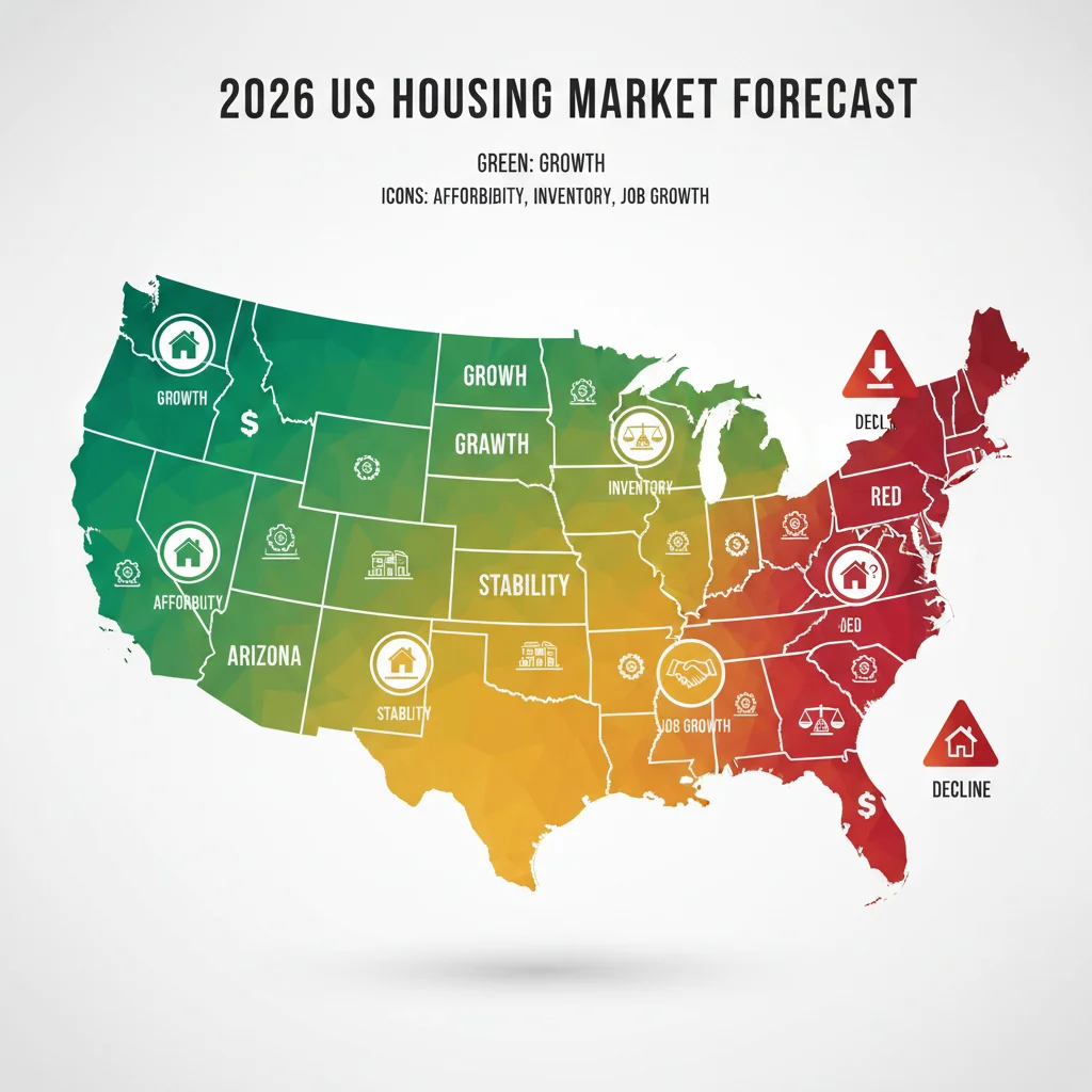 Infographic of US map showing regional housing market performance and trends for 2026, including affordability and inventory.