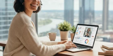 Confident professional working remotely on laptop in home office 2026