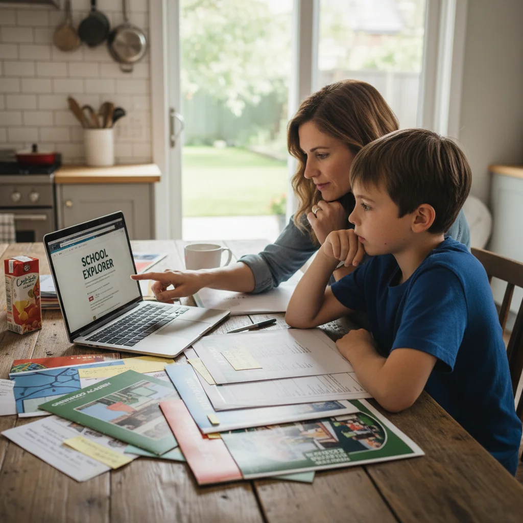 Parent and child researching US public school options online