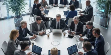 Diverse professionals actively participating in modern reskilling programs, utilizing digital tools to learn new skills.