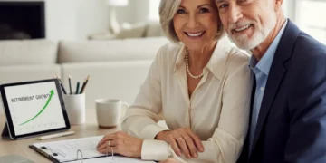 Couple reviewing retirement plan documents with confidence, symbolizing financial security.