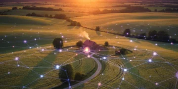 Digital network connecting a rural landscape with a farmhouse