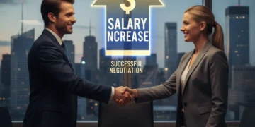 Professional handshake with upward arrow symbolizing salary increase