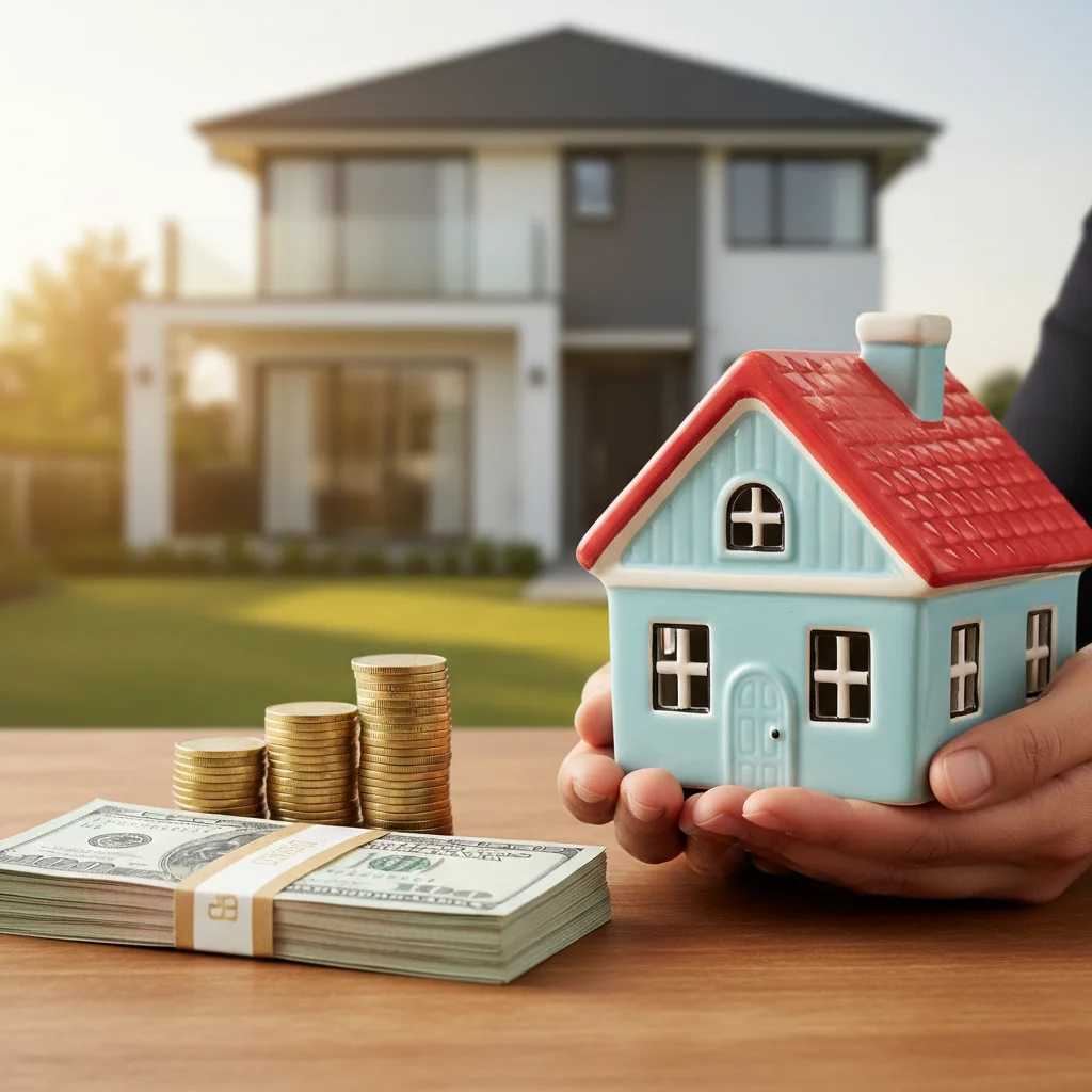 Person holding house piggy bank, saving money for home down payment