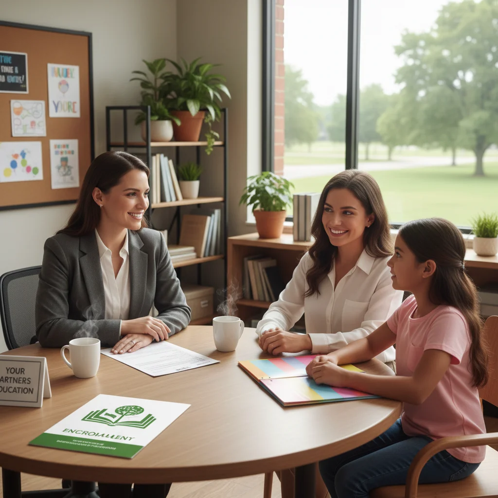 School counselor assisting parent and child with enrollment