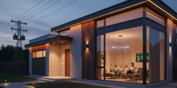 Modern home secured against outages, family inside