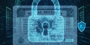Digital lock protecting a US Social Security card, representing modern SSN security in 2026.