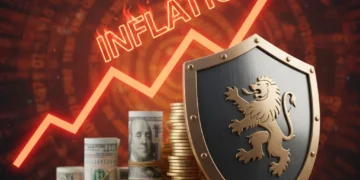 Shield protecting money from rising inflation graph, symbolizing financial security.