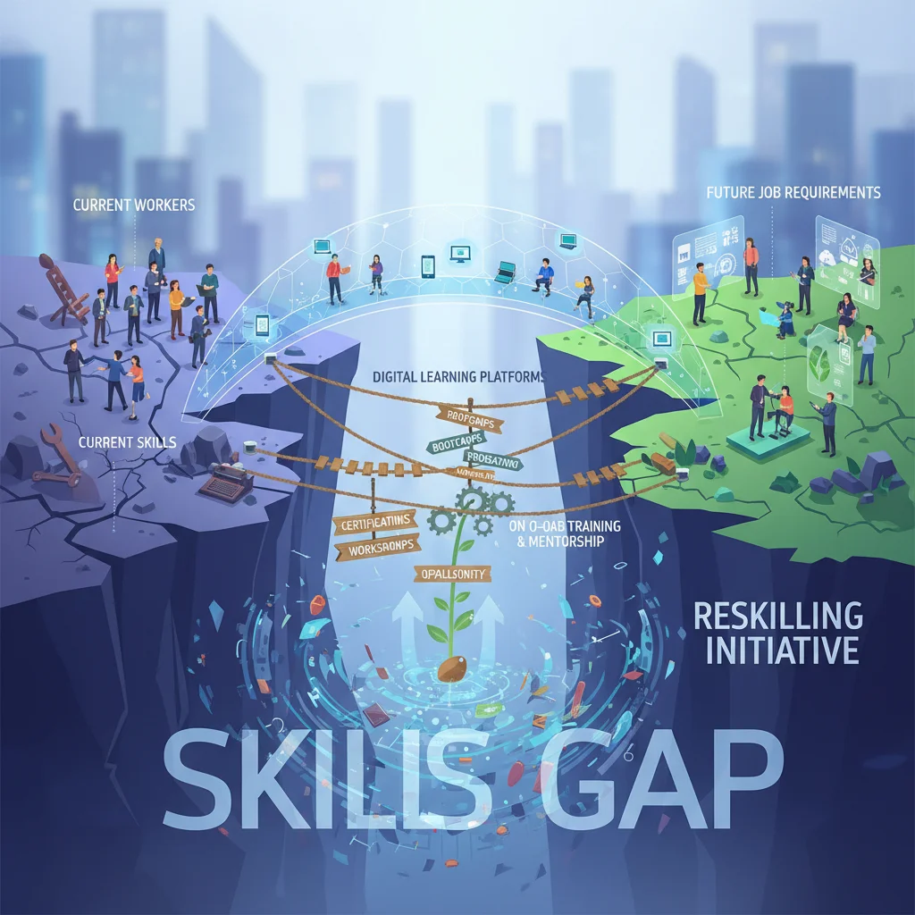 Diagram illustrating the skills gap and various learning pathways bridging it for future job requirements.