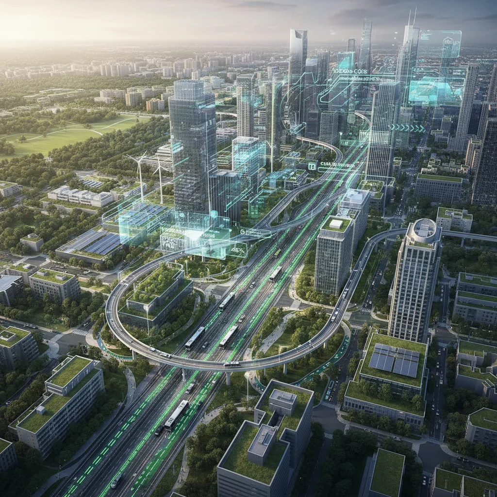 Aerial view of a smart city with integrated public transportation and real-time data.