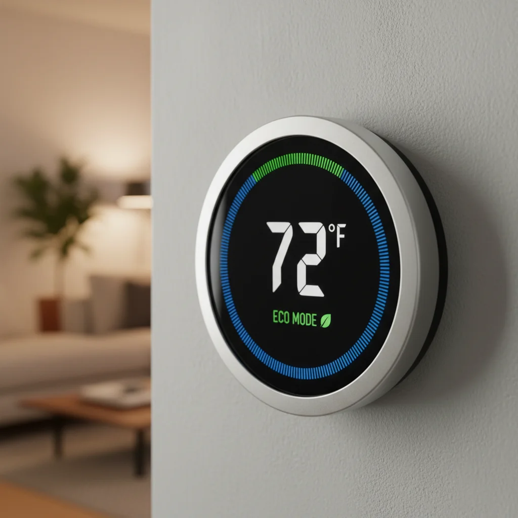 Smart thermostat displaying energy-saving settings in a modern home.