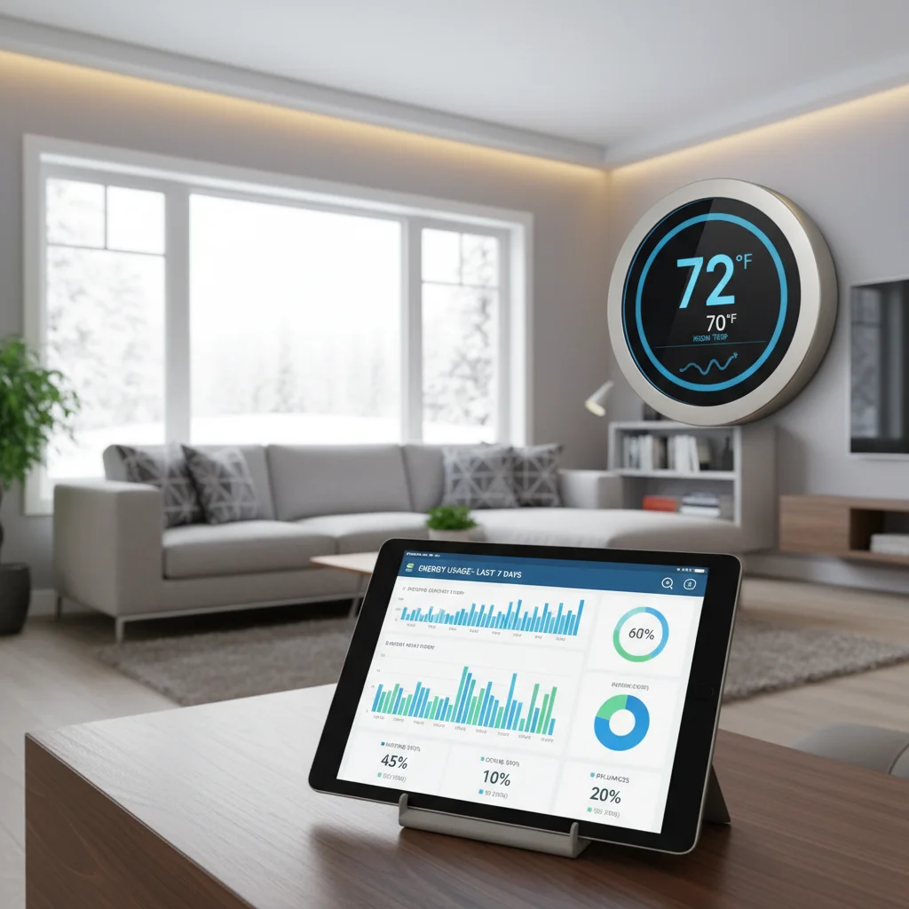 Smart thermostat showing energy usage data on a tablet for home efficiency