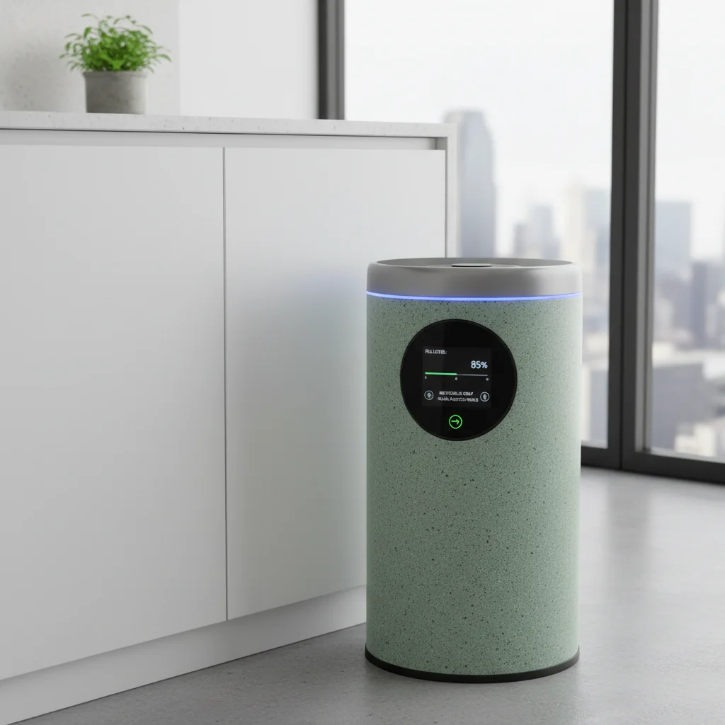 Smart waste bin with sensors and digital display for efficient household waste sorting.