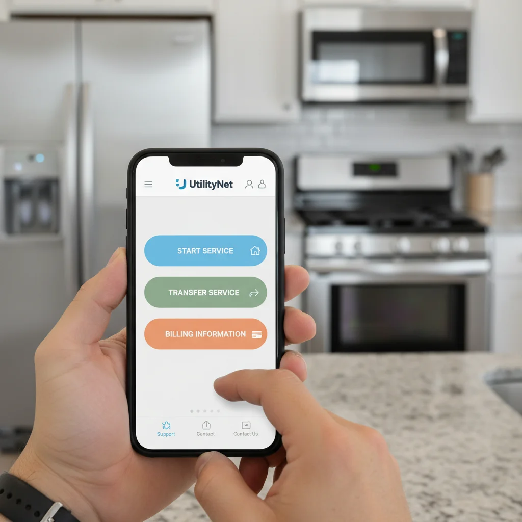 Smartphone displaying utility provider website for new service setup