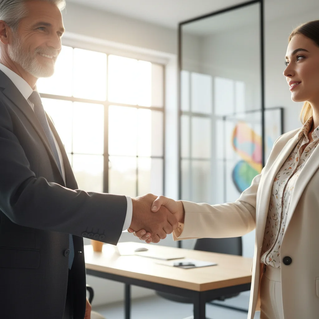 Two professionals shaking hands, symbolizing a new sponsorship agreement.