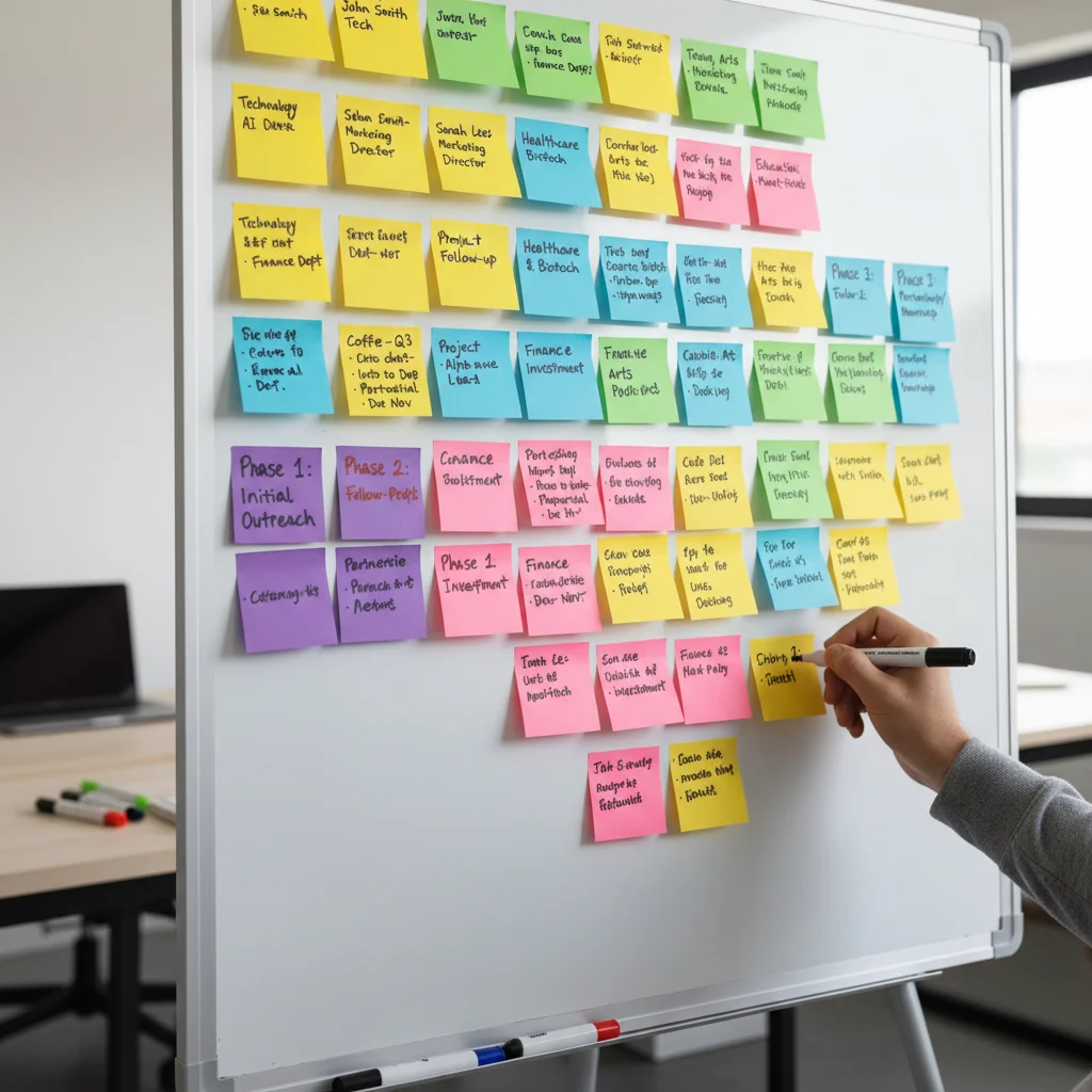 Strategic planning of professional network with sticky notes on a whiteboard