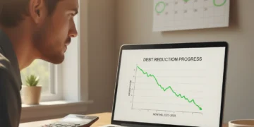 Person successfully reducing credit card debt on a laptop, symbolizing financial progress.