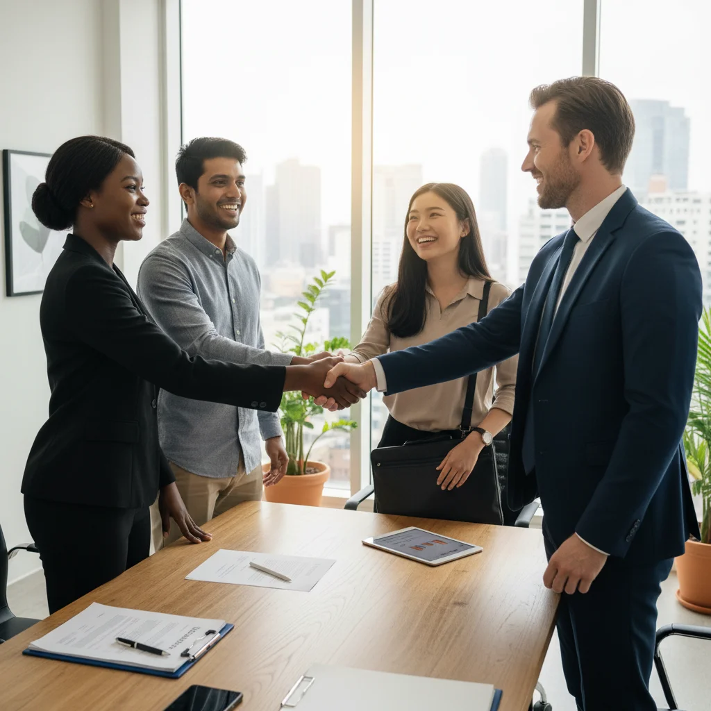 Diverse group of people shaking hands with a financial advisor after securing a loan
