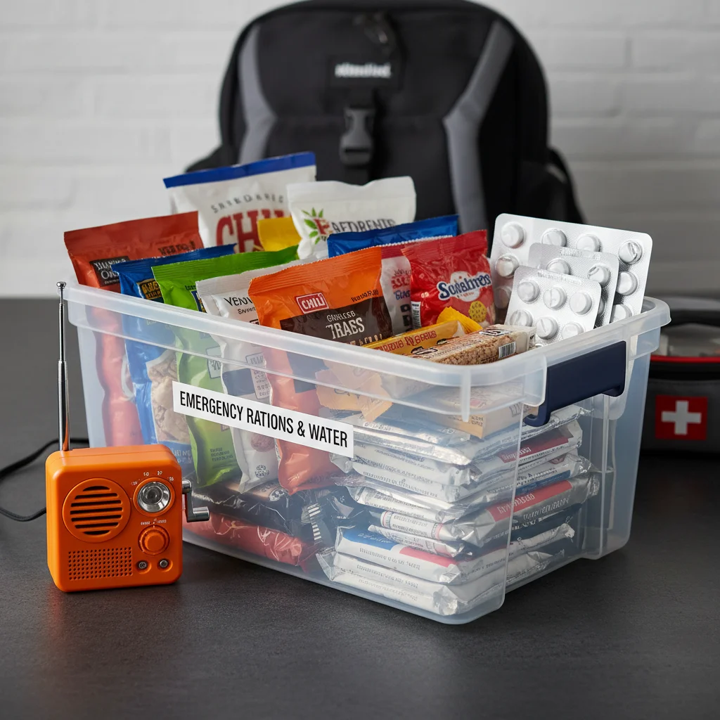 Essential non-perishable food and water for survival kit
